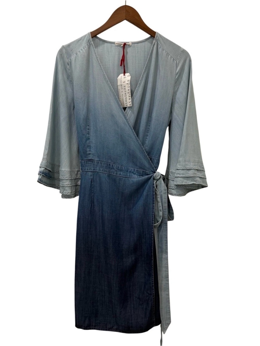 Ombré Blue Wrap Midi Dress with Tie Waist